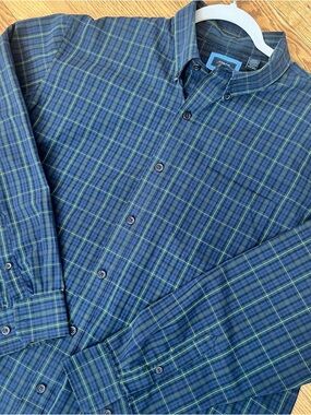 Arrow Green and Navy Plaid Button-Down Shirt Everyday Basic Men’s Large Perfect